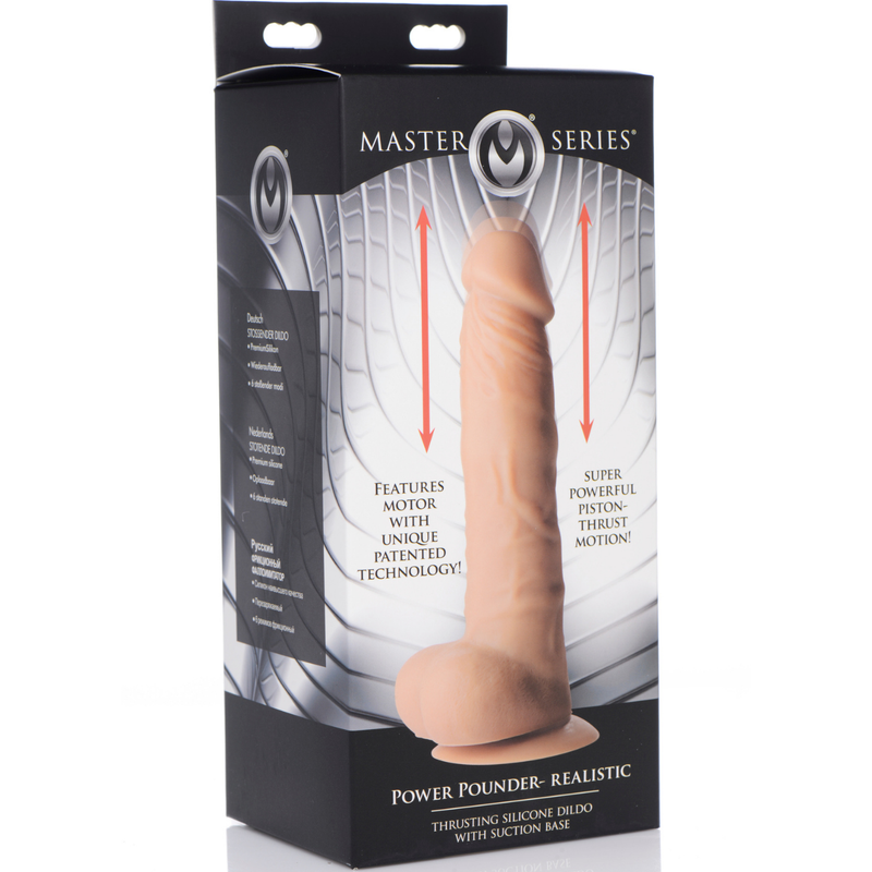 Image of the product packaging. Packaging reads: Master series. Power pounder - realistic. Thrusting silicone dildo with suction base. Features motor with unique patented technology. Super powerful piston thrust motion.