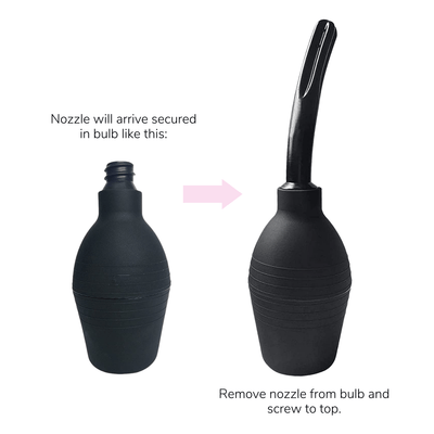 Image displaying instructions for putting together the anal douche. Anal douche will arrive with nozzle secured inside the bulb. Pull out and remove the nozzle from the bulb and screw it into the bulb to secure. 