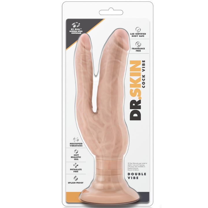 Image of the packaging ot the double dong. This vibrating toy is ultra soft and realistic and includes multi speed vibrations! Spice things up tonight with this dual penetration dildo!