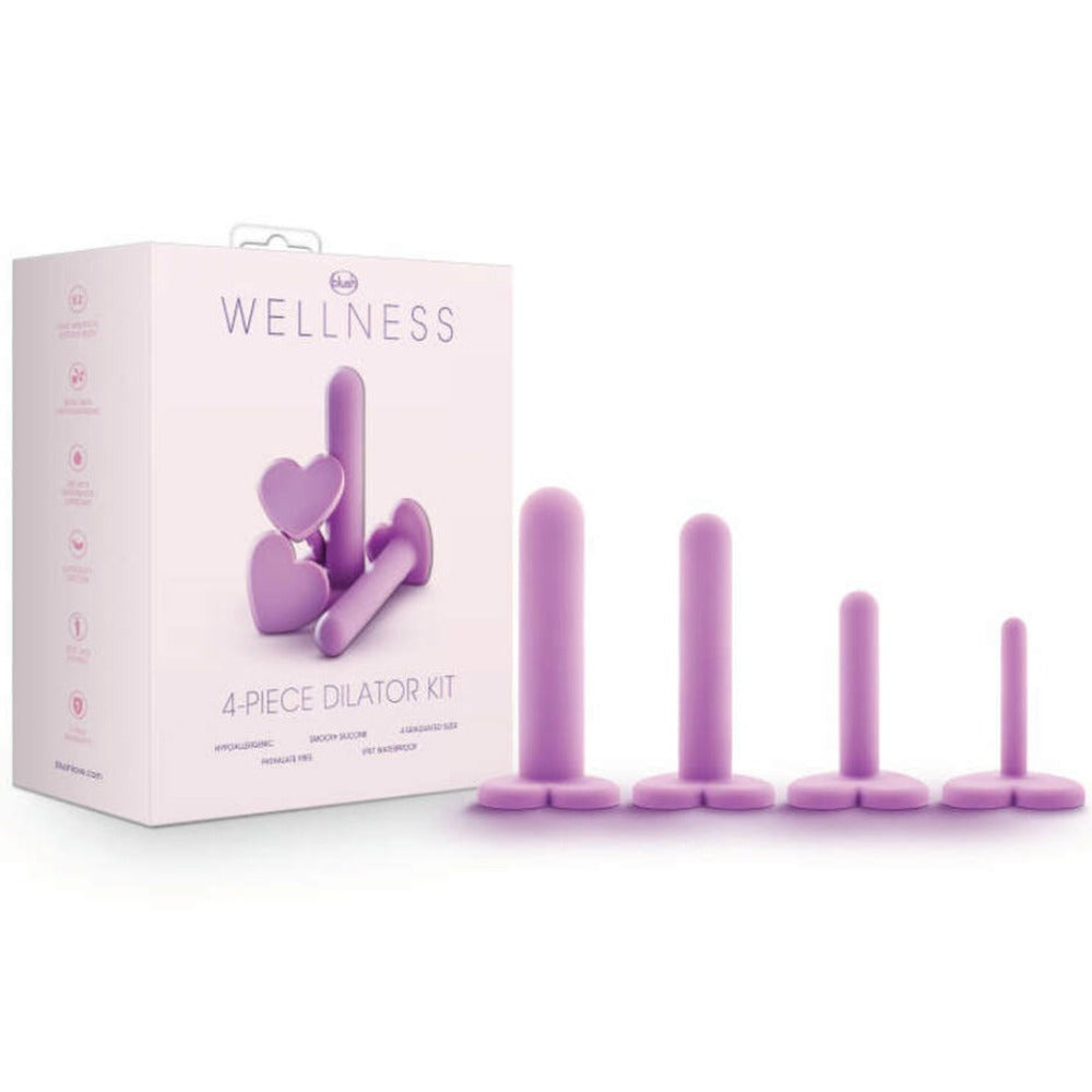 Image of the packaging for the Blush Wellness Dilator Kit. Text on the box reads Blush Wellness 4-Piece Dilator Kit, hypoallergenic, smooth silicone, 4 graduated sizes, phthalate-free