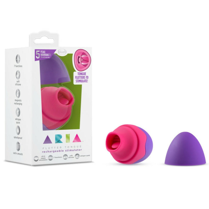 Image of the packaging for the Aria Flutter Tongue Vibrator. Text reads 5 year warranty, tongue flutters to stimulate, Aria flutter tongue rechargeable stimulator, clit & nipple stimulation, 7 functions, soft silicone, whisper quiet, magnetic recharging, splashproof, satin smooth.