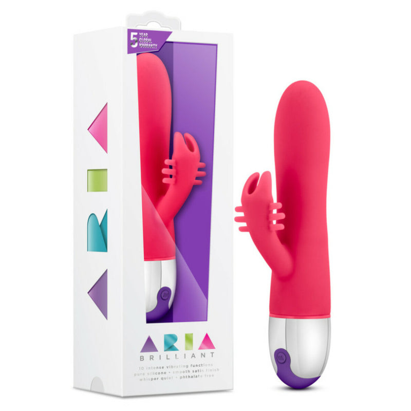 Image of the packaging for the Aria Brilliant Silicone Rabbit Vibrator. Text reads Aria Brilliant, 5 year global warranty, 10 intense vibrating functions, pure silicone, smooth satin finish, whisper quiet, phthalate free.