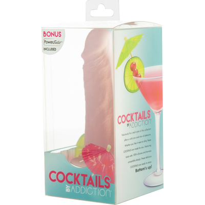 Image of the packaging of the Peach Bellini cocktail inspired dildo. This toy includes a powerful vibrating bullet that you can use to spice things up during masturbation or foreplay! Check out this fun dildo today to spice things up!