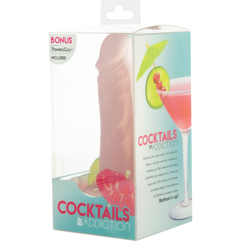 Image of the packaging of the Peach Bellini cocktail inspired dildo. This toy includes a powerful vibrating bullet that you can use to spice things up during masturbation or foreplay! Check out this fun dildo today to spice things up!