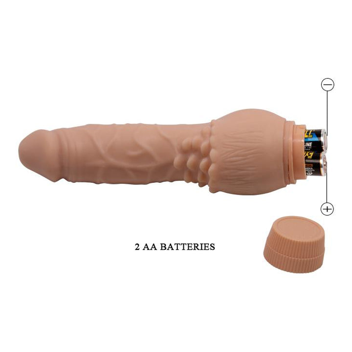Image of the dildo laying down, with the battery compartment cap off, showing how and where to insert the AA batteries.