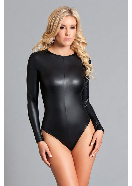1 Piece. Black, faux leather body, long-sleeved, round neckline, zip-up back, seam-detailed front facing forward
