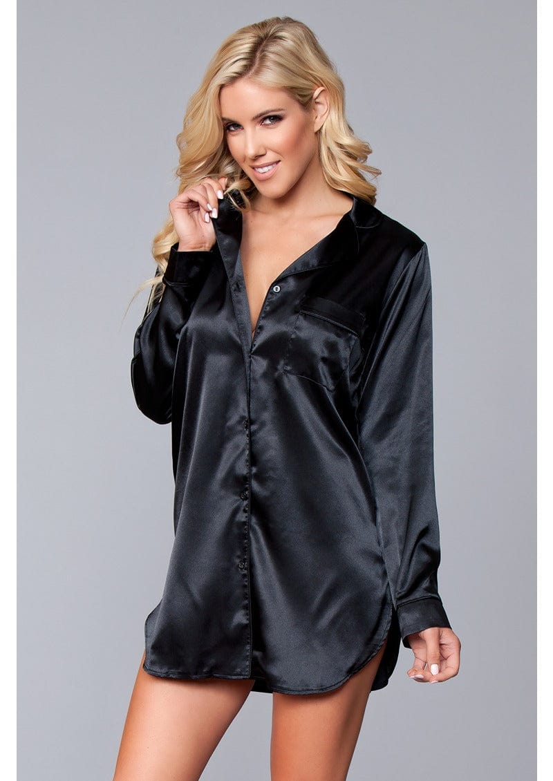 1 pc. Relaxed fit, satin body, button front with notched collar and pocket in black facing forward