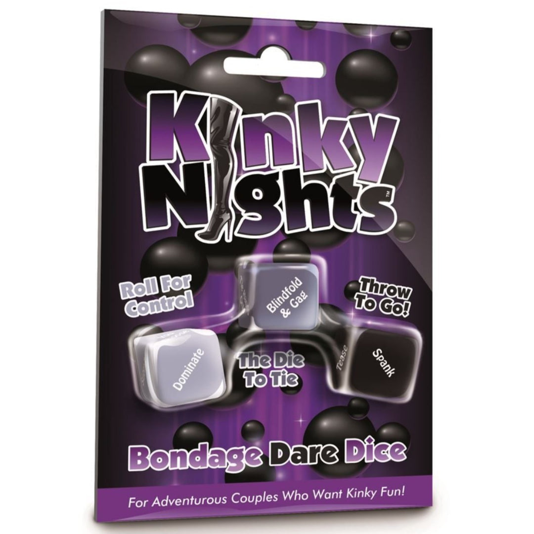 Image of the Kinky Nights Bondage Dare Dice in packaging. Text reads Kinky Nights, Roll for Control, The Die to Tie, Throw to Go, Bondage Dare Dice, For Adventurous Couples Who Want Kinky Fun