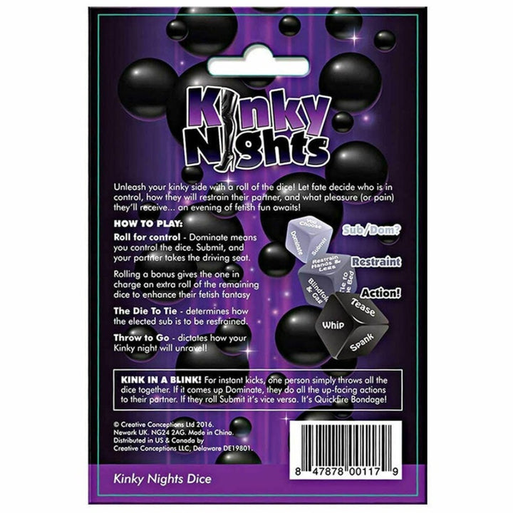 Image of the back of the packaging for the Kinky Nights Bondage Dare Dice with instructions on how to play.