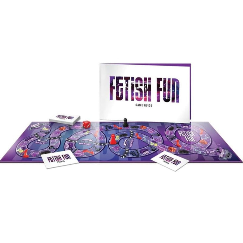 Image of the Fetish Fun - Kinky Adult Board Game. Includes board, instructions, 2 player pieces, 20 fetish fun trivia cards, and 1 die.