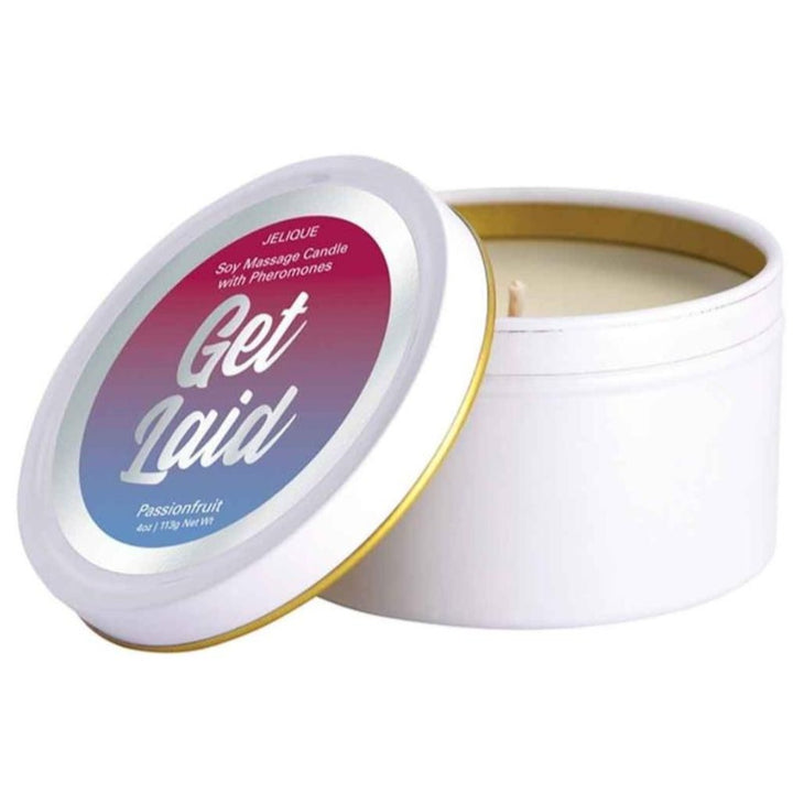 Image of the Jelique Soy Massage Candle with Pheromones, 4 oz./113g Net weight. Scent is Get Laid, Passionfruit.