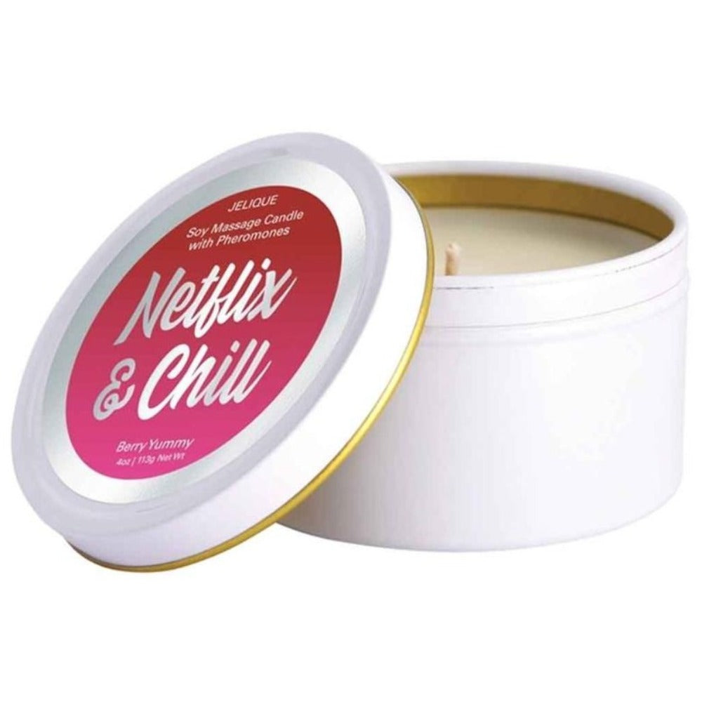 Image of the Jelique Soy Massage Candle with Pheromones, 4 oz./113g Net weight. Scent is Netflix & Chill, Berry Yummy.