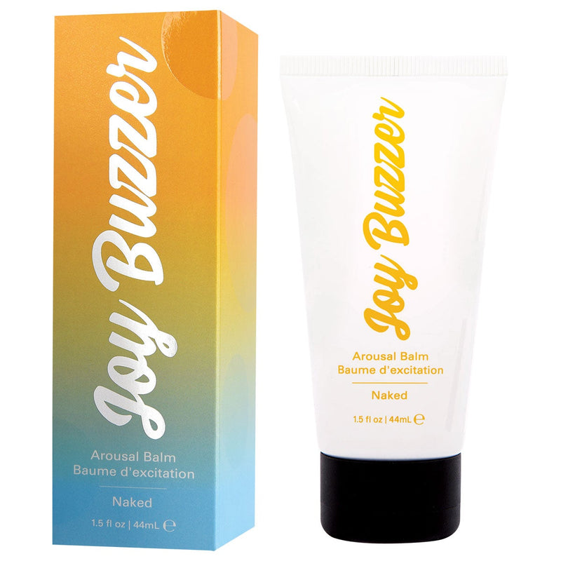 Image of the Joy Buzzer Clitoral Arousal Balm tube and packaging. This kissable clit stimulating gel is available in Naked unflavored, Mojito, or Watermelon. 1.5 fl. oz. tube