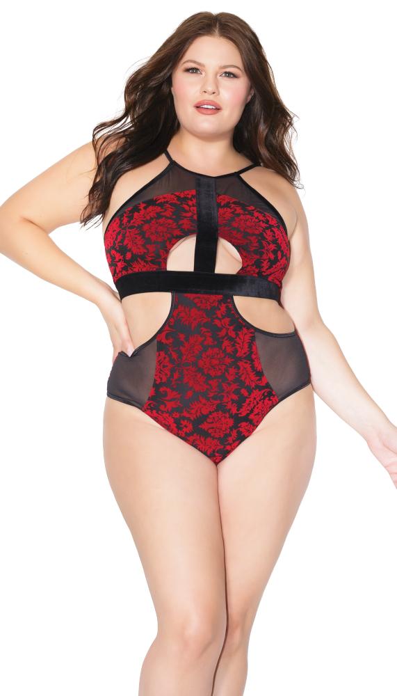 Elegant Floral Embroidered And Mesh Cutout Halter Teddy - Lingerie