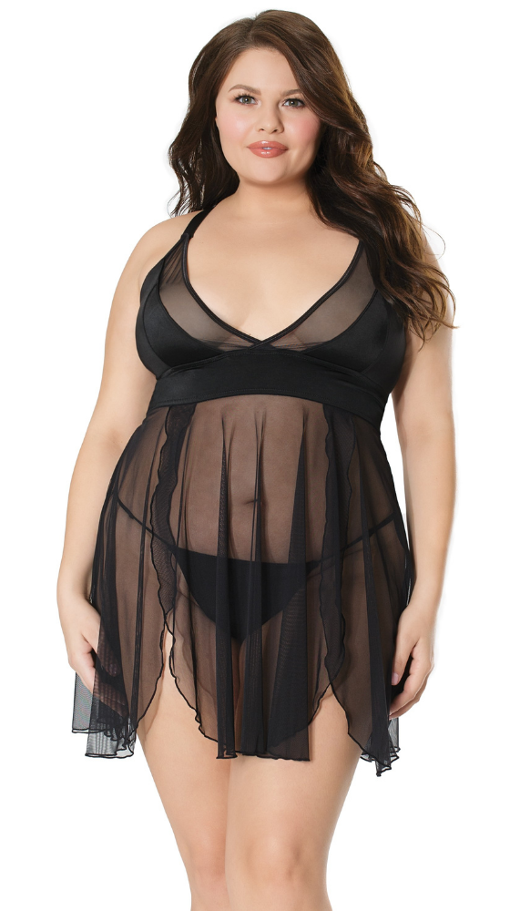 Image of the babydoll on the model from the front. Size one size / extra large.