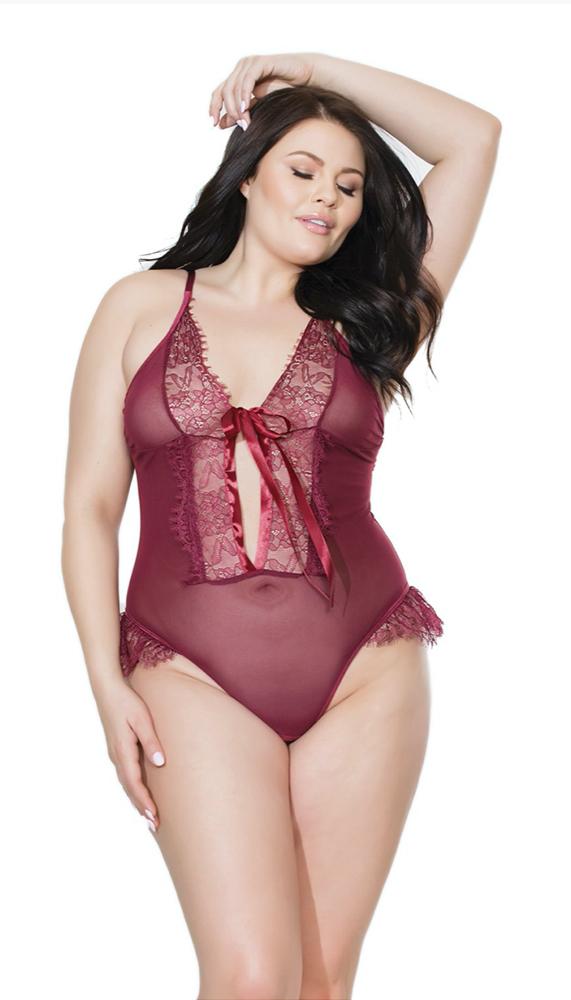 Merlot Fine Lace & Mesh Crotchless Teddy - Lingerie