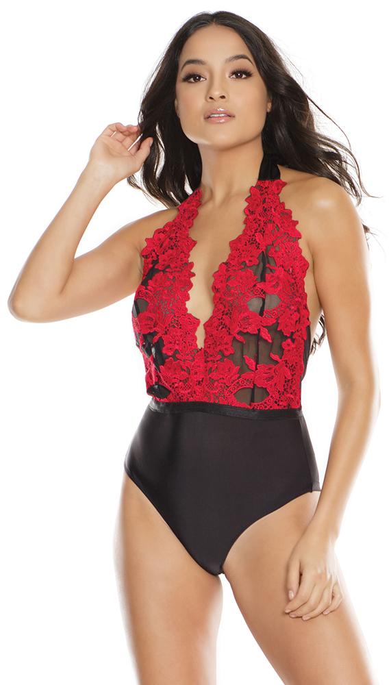 Deep V-Neck Embroidered Teddy - Lingerie