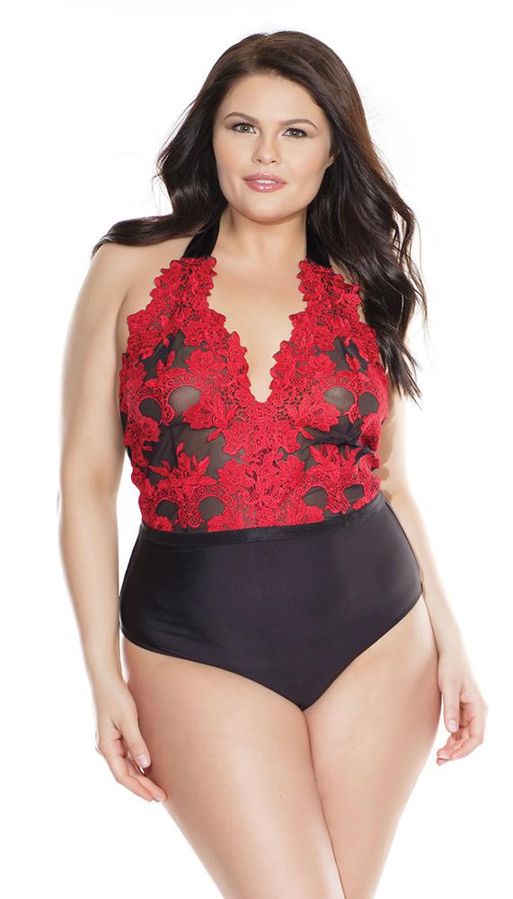 Deep V-Neck Embroidered Teddy - Lingerie