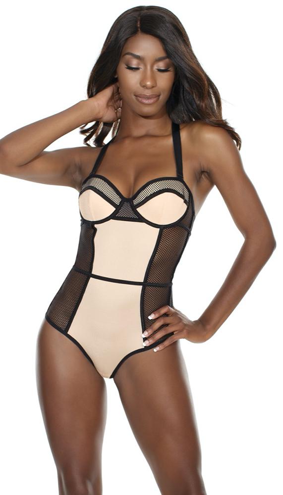 Barely There Nude & Black Color Block Teddy - Lingerie