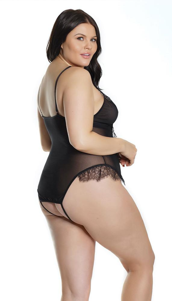 Black Lace & Mesh Crotchless Teddy - Lingerie