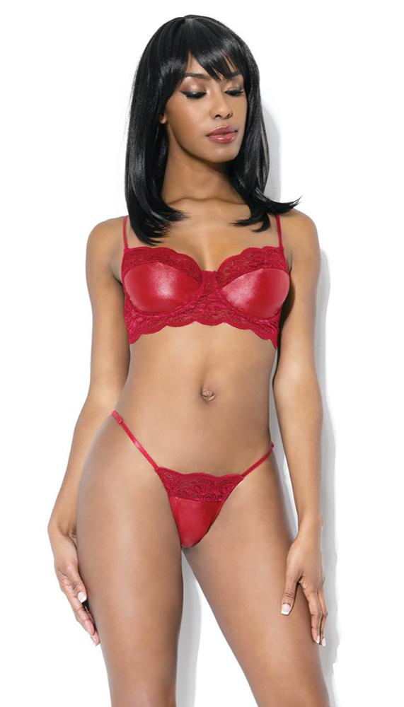 Merlot Wetlook Bra & G-String Set - Lingerie