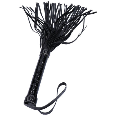 Black bondage flogger with design on handle