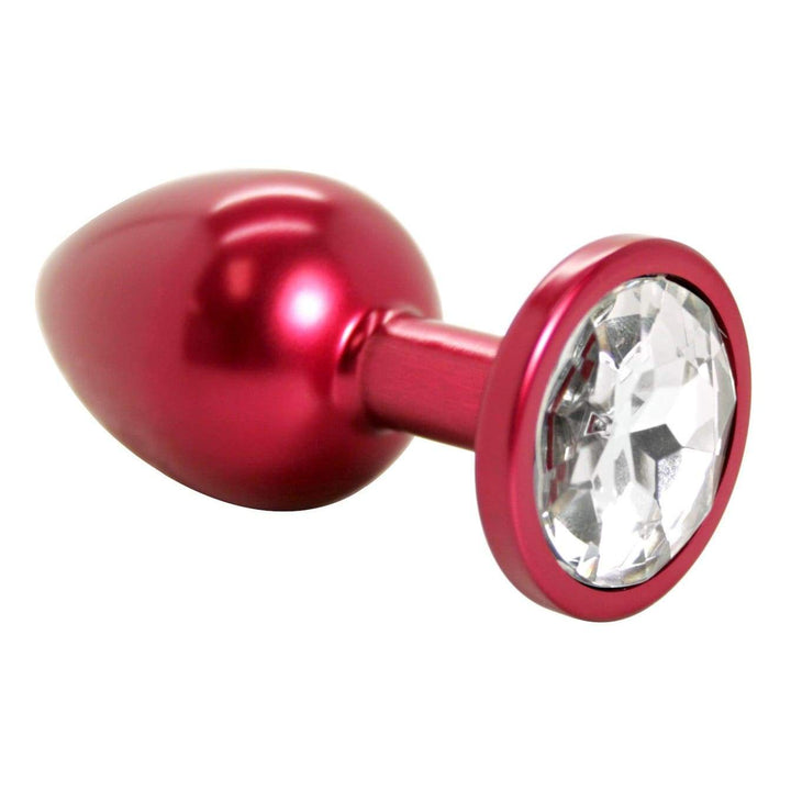 Shiny red anal plug with clear jewel at end
