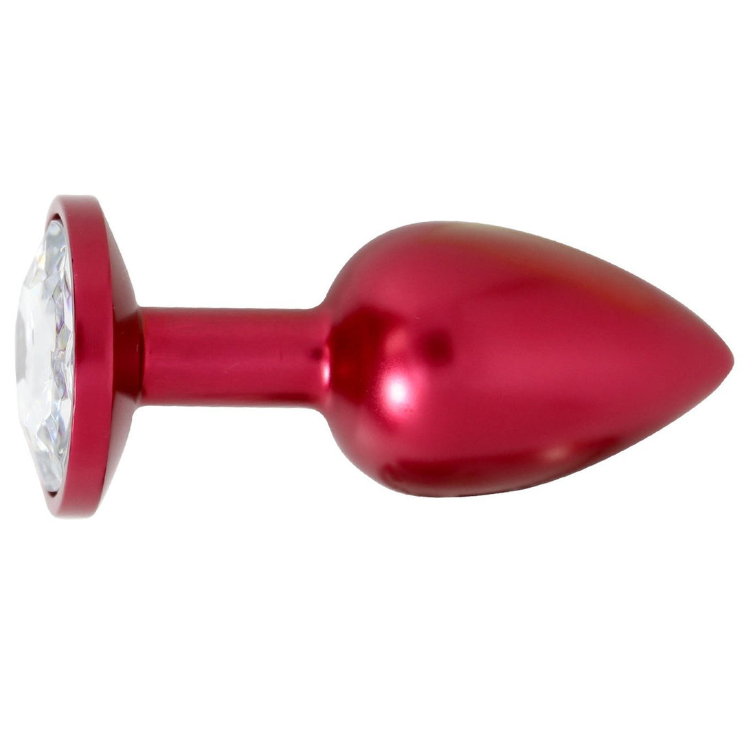 Shiny red butt plug with jewel at end