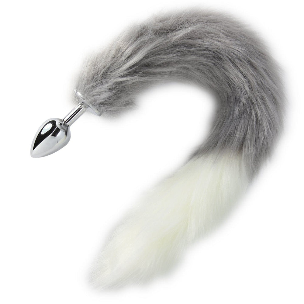 Image of the gray and white faux-fur anal plug.