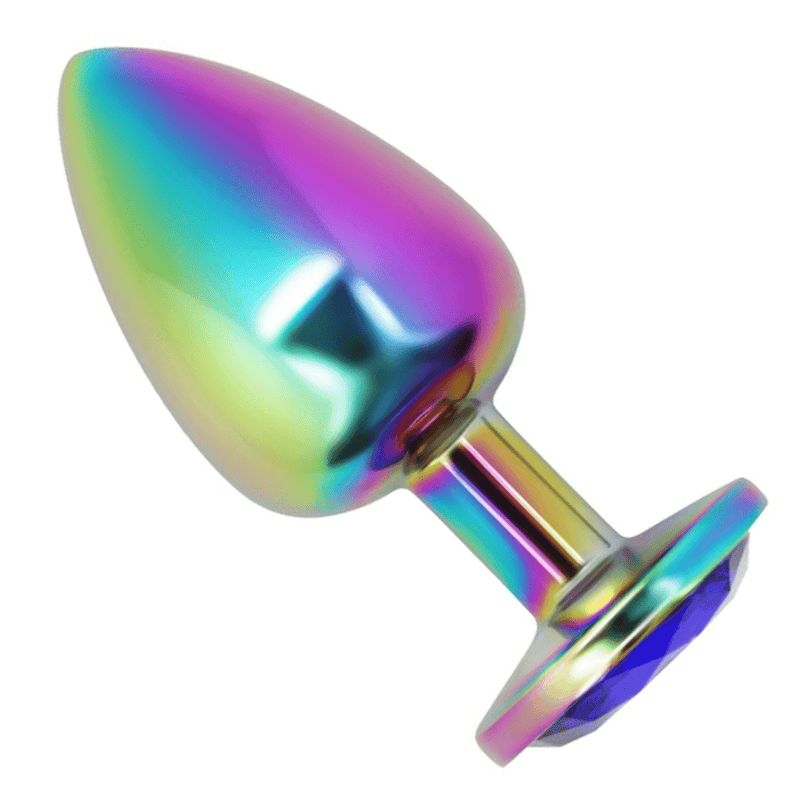 Metal rainbow butt plug with blue jewel