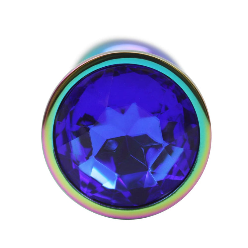 Image of rainbow butt plug with blue jewel