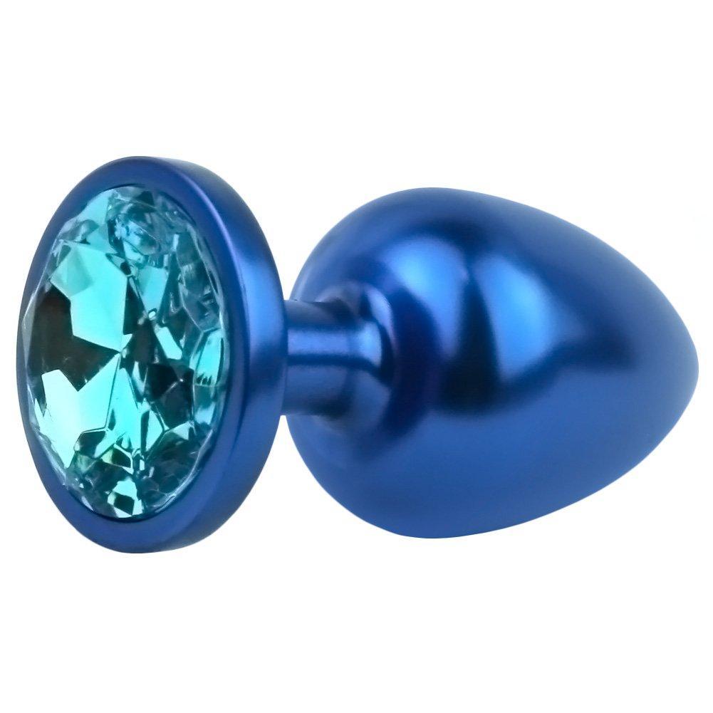 Shiny blue anal plug with blue jewel at end