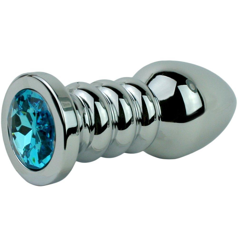 Blue Jewel Rippled Metal Booty Plug - Anal Toys