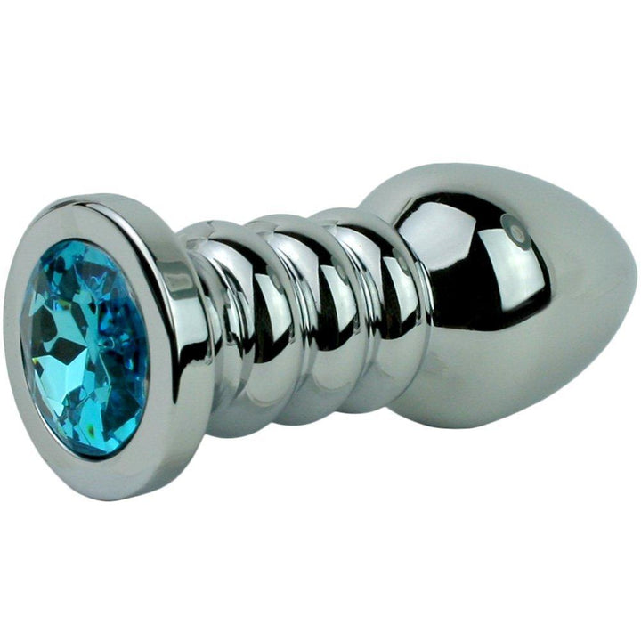 Blue Jewel Rippled Metal Booty Plug - Anal Toys