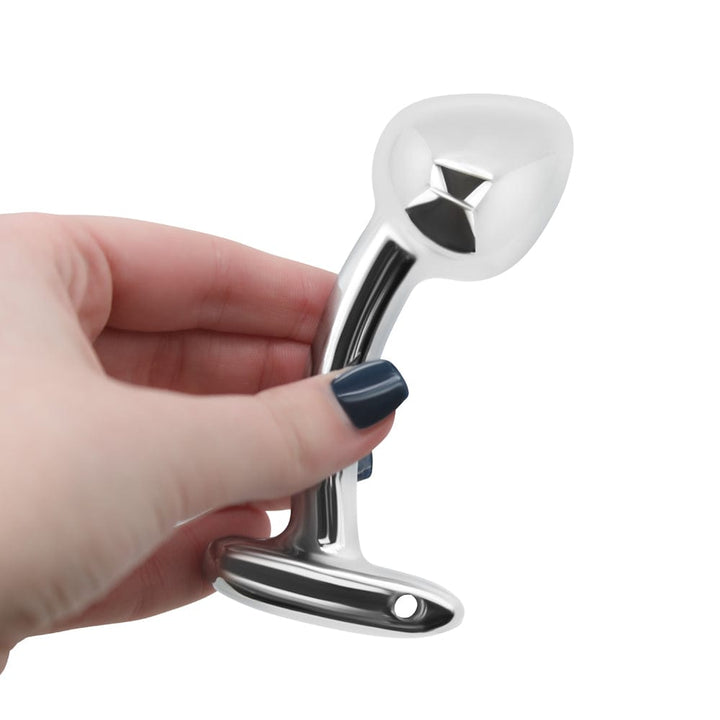 Image of hand holding long pull bead metal butt plug