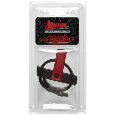 Image of the packaging of the cock and ball cage. This black and red leather sub presenter is perfect for spicing up foreplay or sex with your partner!