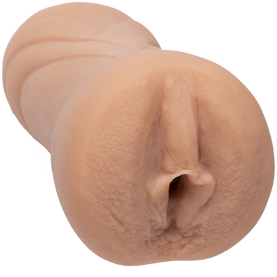 Close-up image of the masturbator. This porn-star inspired pussy stroker is perfect for those who crave an ultra realistic masturbator! The material warms to your body temperature and will is ultra life-like with every thrust.