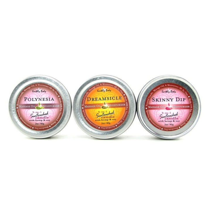 Close up image of the Earthly Body Hemp Seed Massage Candle Trio Set, Massage Oil Moisturizer 3-in-1 Suntouched candle with hemp and soy