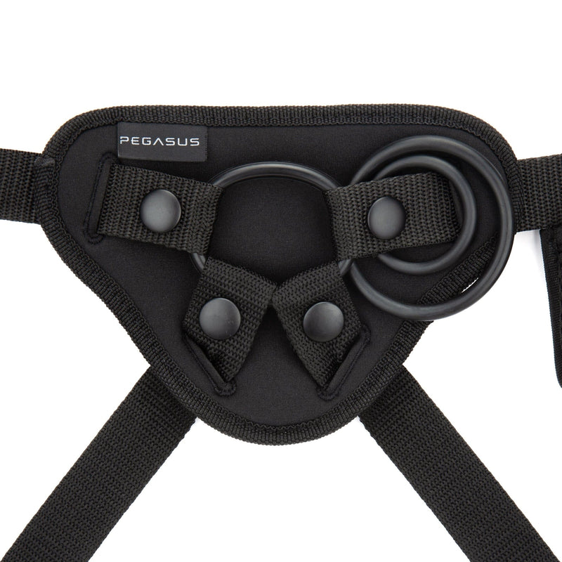 Image of the harness for the Pegasus Remote Control Vibrating Silicone Dildo with Strap-On Harness that includes three interchangeable sizes of O-ring to fit most strap-on dildo attachments.