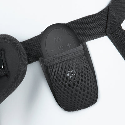 Image of the wireless remote for the Pegasus Remote Control Vibrating Silicone Dildo with Strap-On Harness. The sex harness also includes a custom pocket for the remote on the waistband to keep it easily accessible.