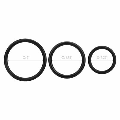 Image of the three O-rings for the Pegasus Remote Control Vibrating Silicone Dildo with Strap-On Harness. Inside diameter measurements of the rings are 2 inches, 1.75 inches, and 1.25 inches.