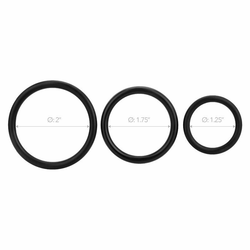 Image of the three O-rings for the Pegasus Remote Control Vibrating Silicone Dildo with Strap-On Harness. Inside diameter measurements of the rings are 2 inches, 1.75 inches, and 1.25 inches.