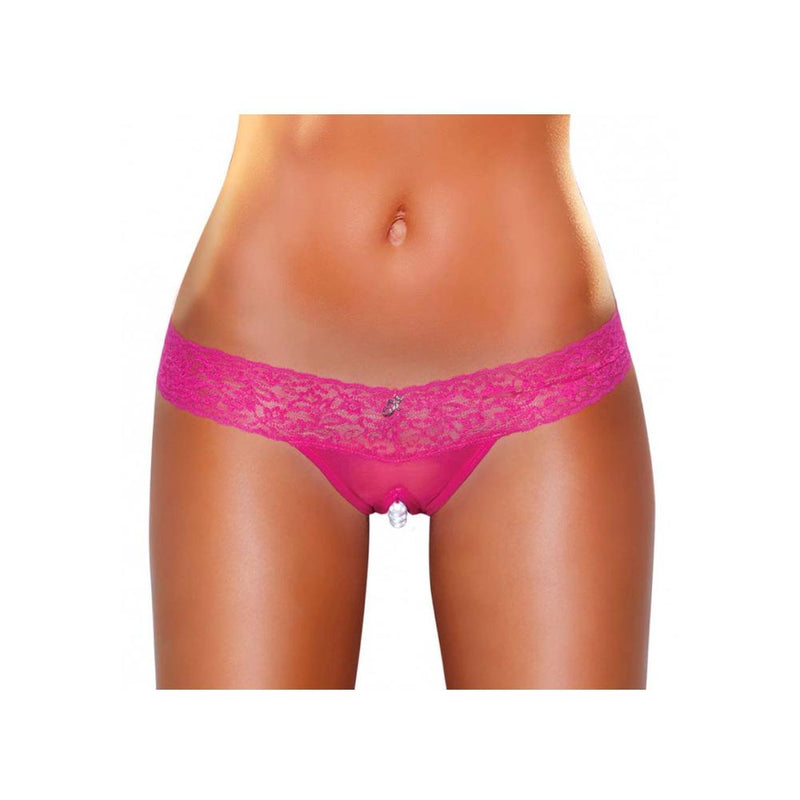Hot pink lacey panties shown on model