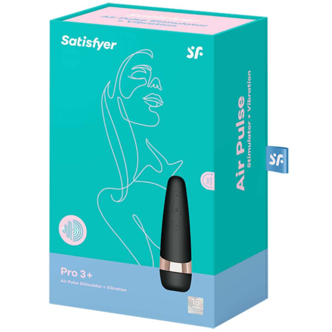 Image of the packaging ot the vibrator. Ths Pro 3+ air pulse stimulator and vibrator is perfect for both beginners and experienced toy users. Get yours today!