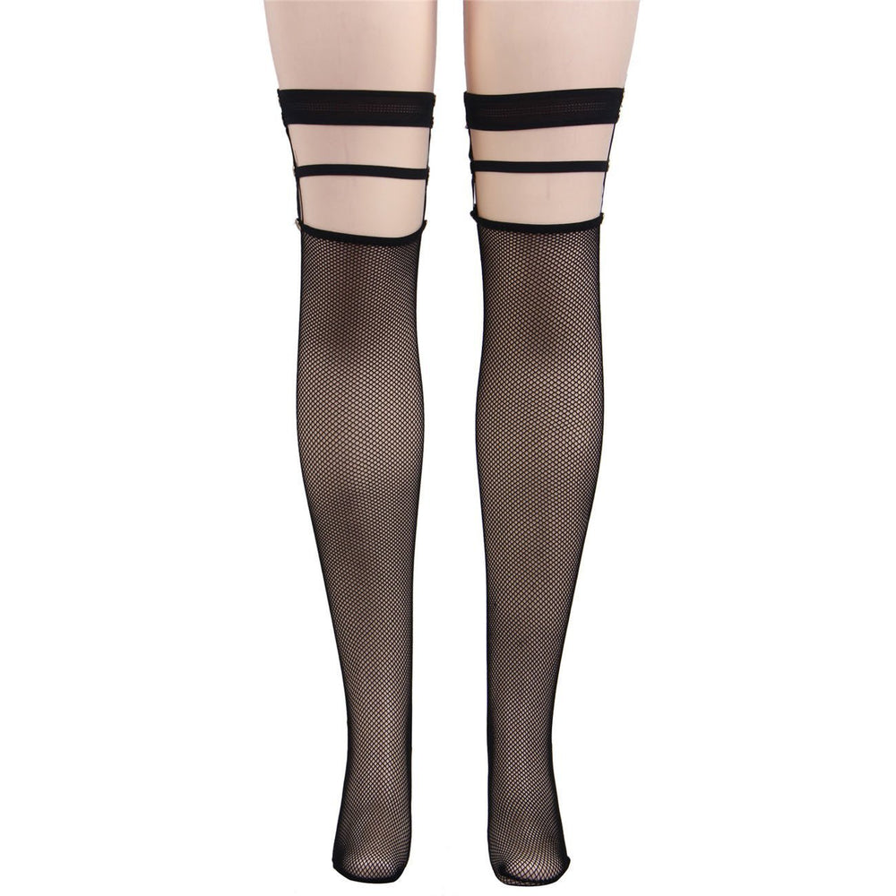 Black Fishnet Harness Thigh Highs - One Size Fits Most - Lingerie
