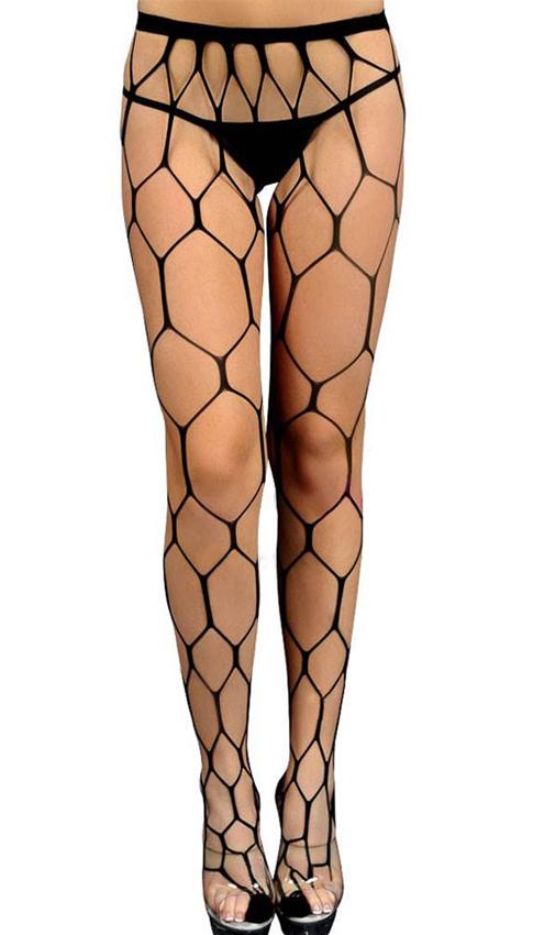 Black hexagon net pantyhose: one size fits most.  - Lingerie