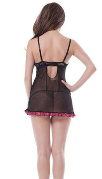 Sheer black lace babydoll with pink accents: available in three sizes. - Lingerie