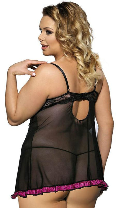 Sheer black lace babydoll with pink accents: available in three sizes. - Lingerie