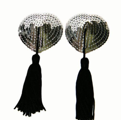 Sequin Heart Nipple Pasties with Tassels - One Size Fits All - Lingerie