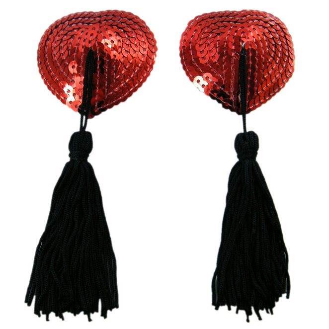 Sequin Heart Nipple Pasties with Tassels - One Size Fits All - Lingerie